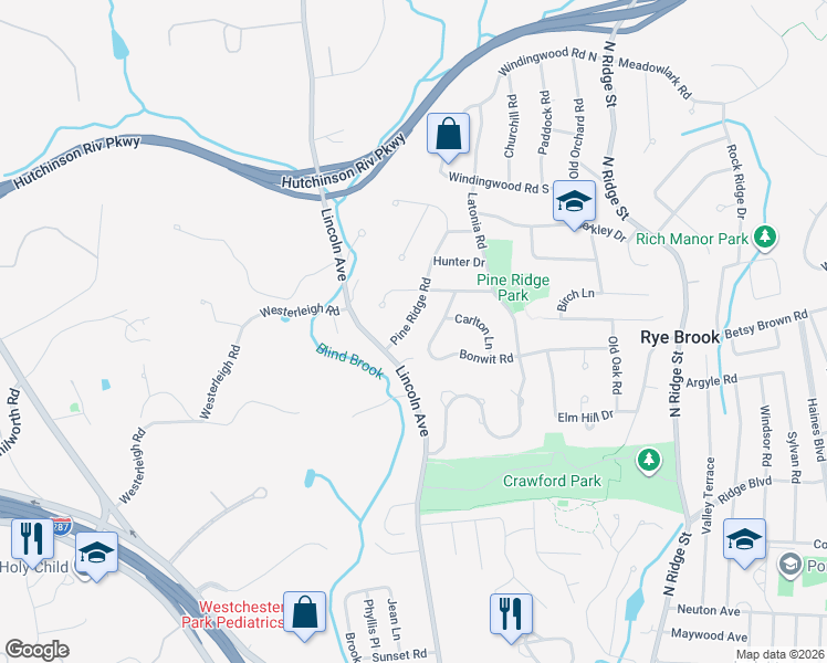 map of restaurants, bars, coffee shops, grocery stores, and more near 5 Pine Ridge Road in Rye Brook