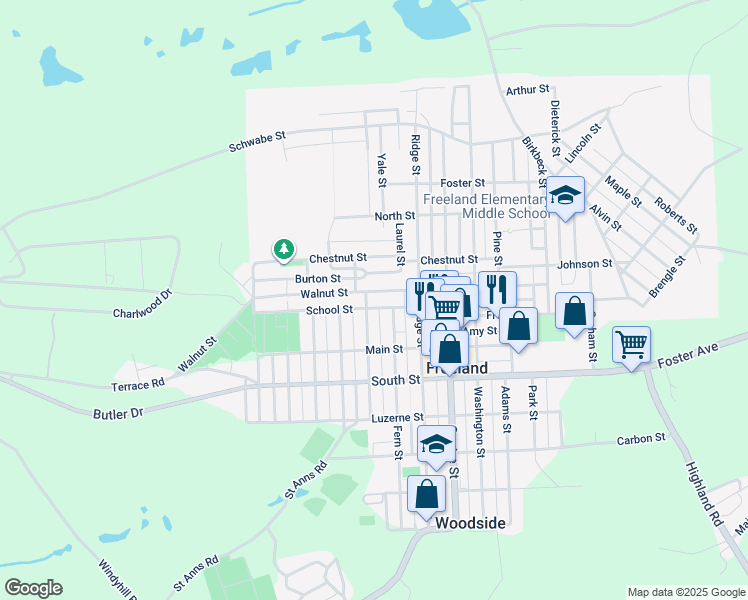 map of restaurants, bars, coffee shops, grocery stores, and more near 942 Walnut Street in Freeland