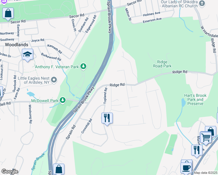 map of restaurants, bars, coffee shops, grocery stores, and more near 1 Topland Road in Hartsdale