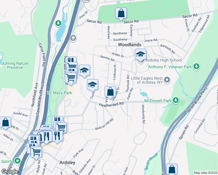 map of restaurants, bars, coffee shops, grocery stores, and more near 17 Victoria Road in Ardsley
