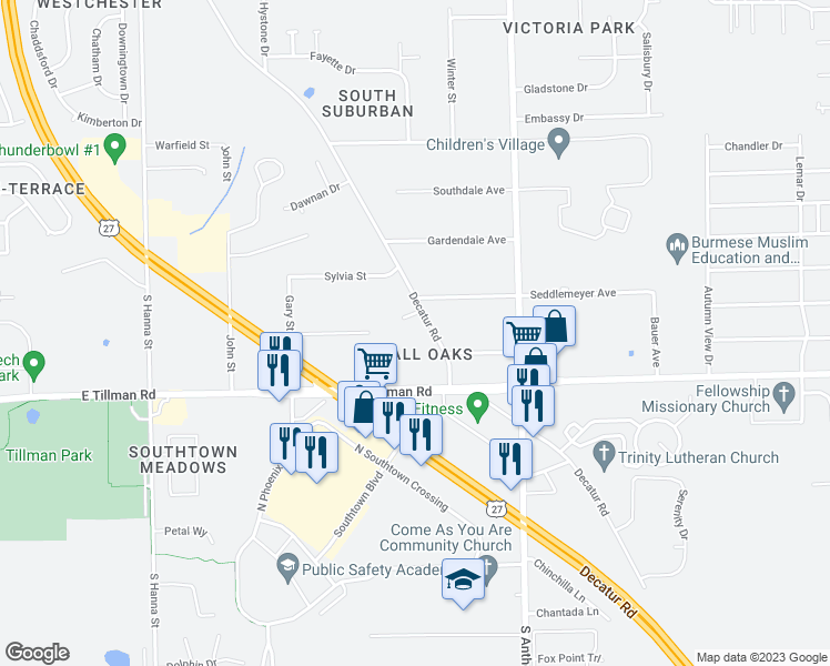 map of restaurants, bars, coffee shops, grocery stores, and more near 7120 Decatur Road in Fort Wayne