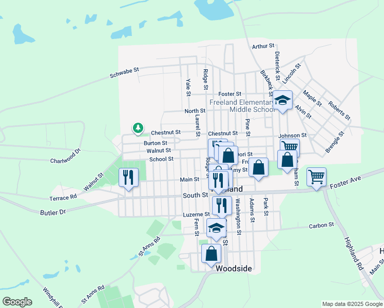 map of restaurants, bars, coffee shops, grocery stores, and more near 938 Walnut Street in Freeland