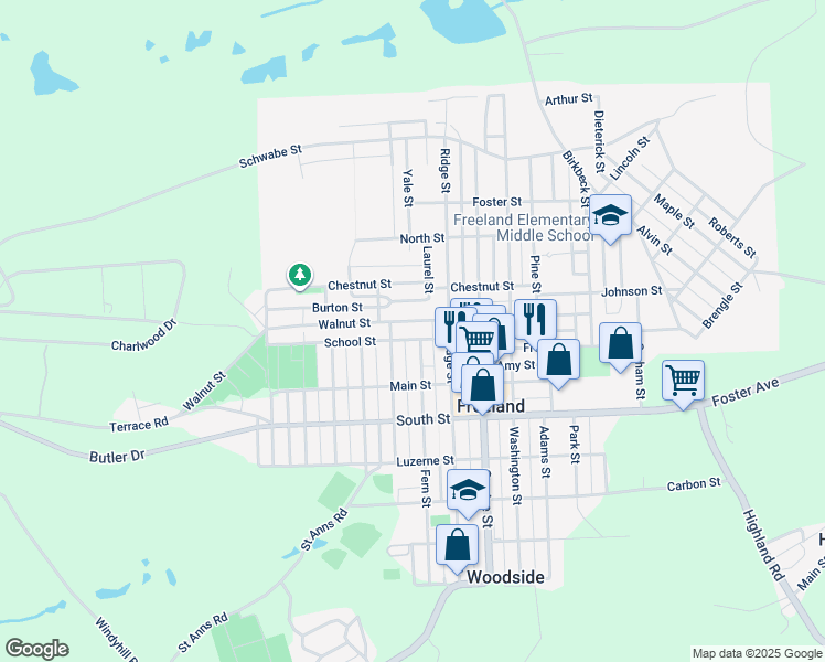 map of restaurants, bars, coffee shops, grocery stores, and more near 942 Walnut Street in Freeland