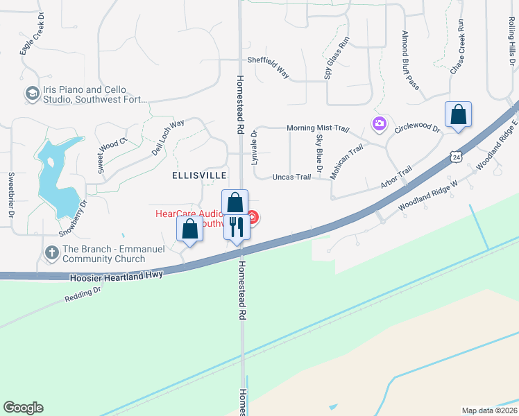 map of restaurants, bars, coffee shops, grocery stores, and more near 7021 Homestead Road in Fort Wayne