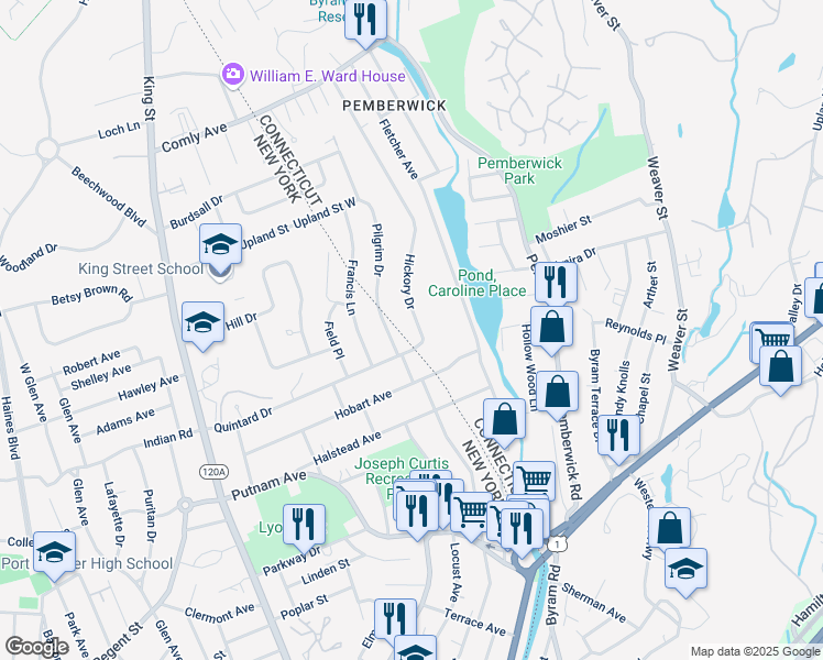 map of restaurants, bars, coffee shops, grocery stores, and more near 5 Hickory Drive in Greenwich