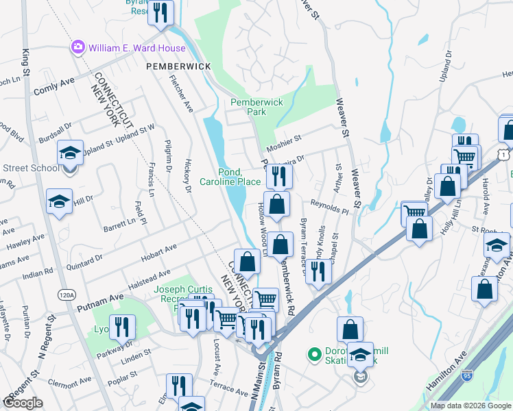 map of restaurants, bars, coffee shops, grocery stores, and more near 100 Hollow Wood Lane in Greenwich