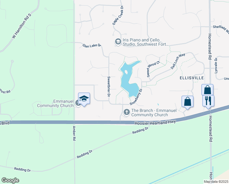 map of restaurants, bars, coffee shops, grocery stores, and more near 11919 Coralberry Court in Fort Wayne