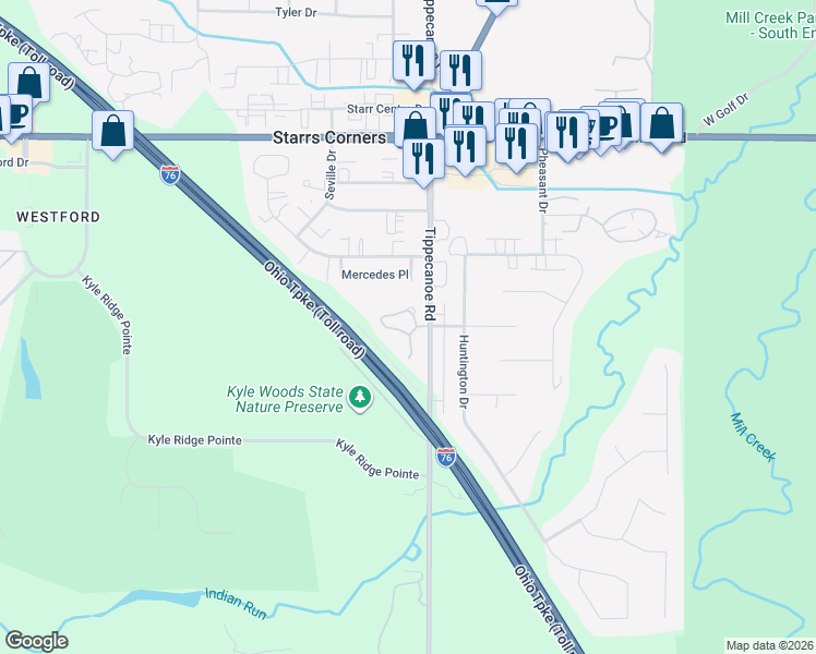 map of restaurants, bars, coffee shops, grocery stores, and more near 6848 Twin Oaks Court in Canfield