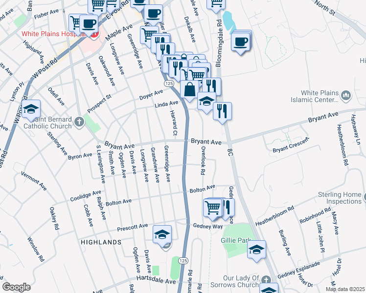 map of restaurants, bars, coffee shops, grocery stores, and more near 90 New York 125 in White Plains