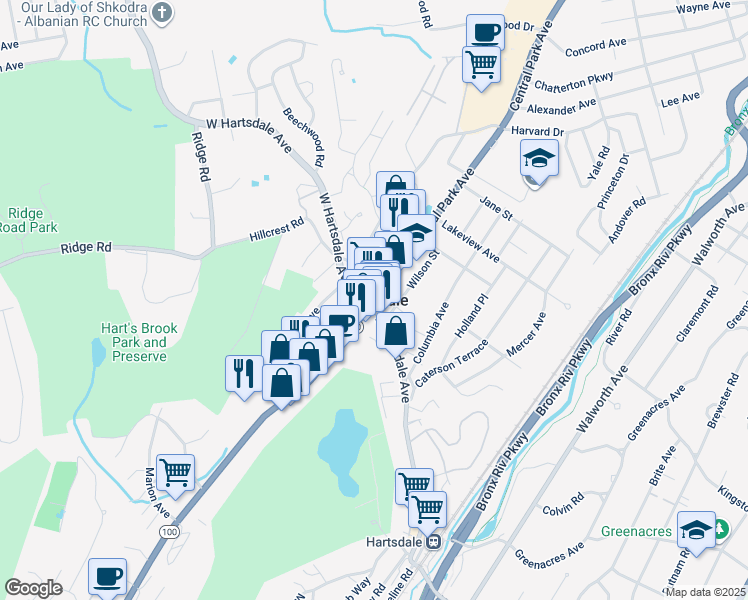 map of restaurants, bars, coffee shops, grocery stores, and more near in Hartsdale