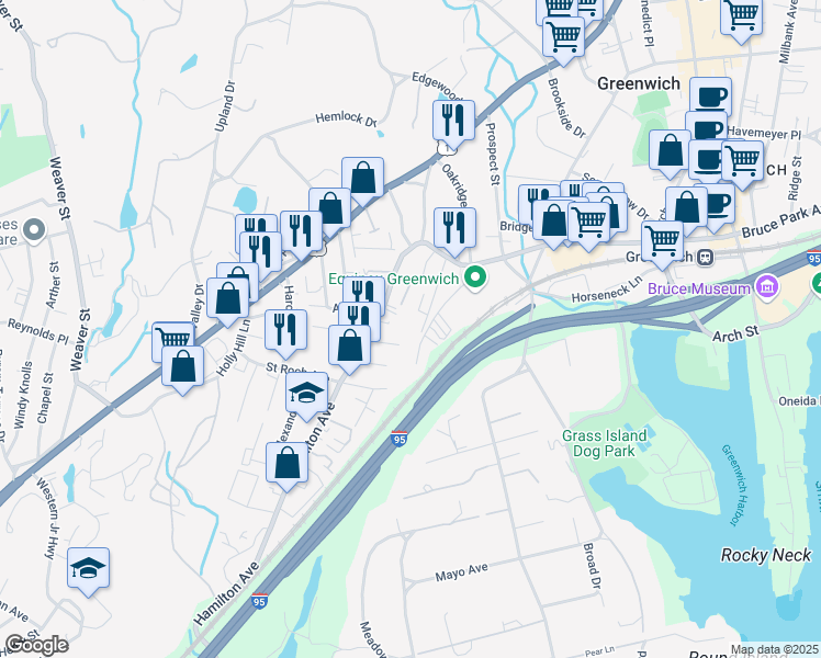 map of restaurants, bars, coffee shops, grocery stores, and more near 54a Spring Street in Greenwich