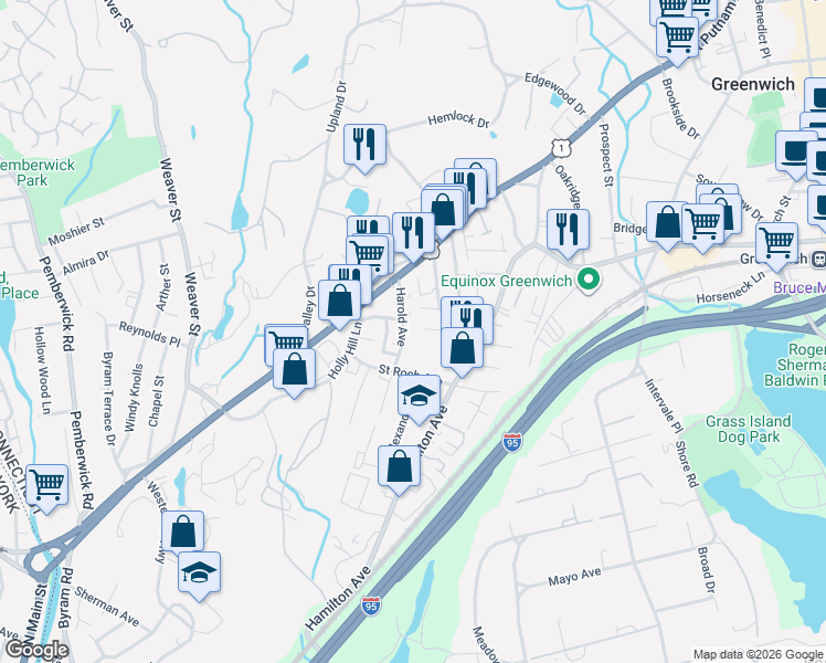 map of restaurants, bars, coffee shops, grocery stores, and more near 41 Charles Street in Greenwich