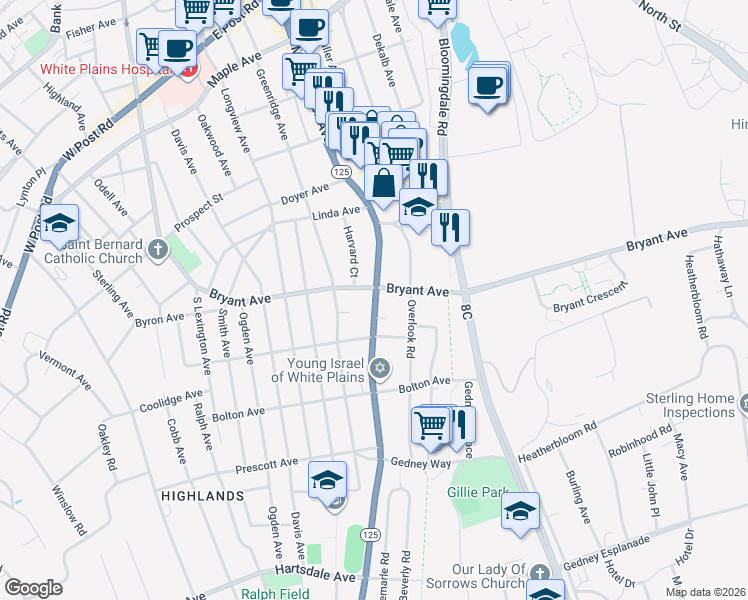 map of restaurants, bars, coffee shops, grocery stores, and more near 90 New York 125 in White Plains