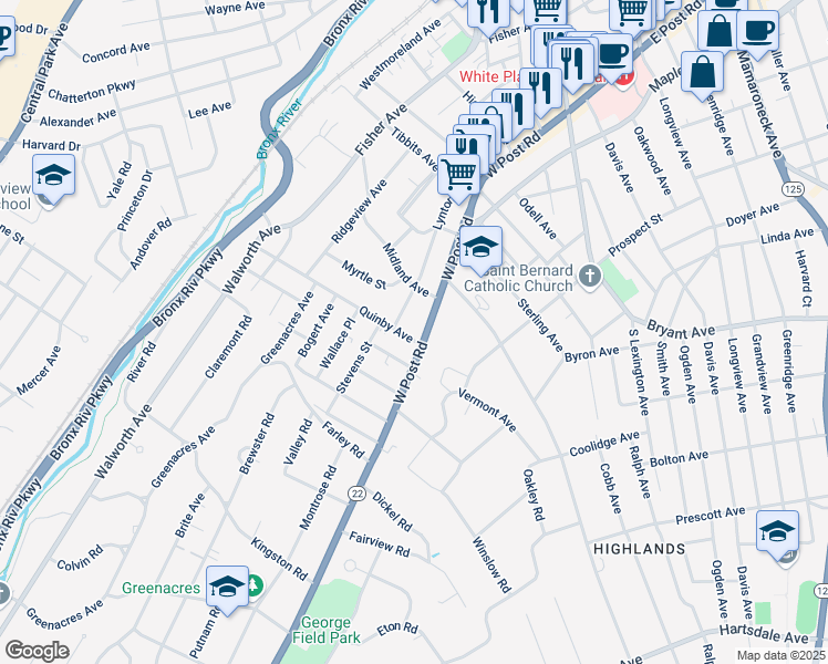 map of restaurants, bars, coffee shops, grocery stores, and more near 80 Lynton Place in White Plains