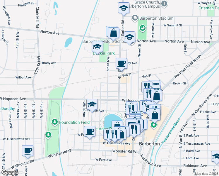 map of restaurants, bars, coffee shops, grocery stores, and more near 571 Holmes Avenue in Barberton