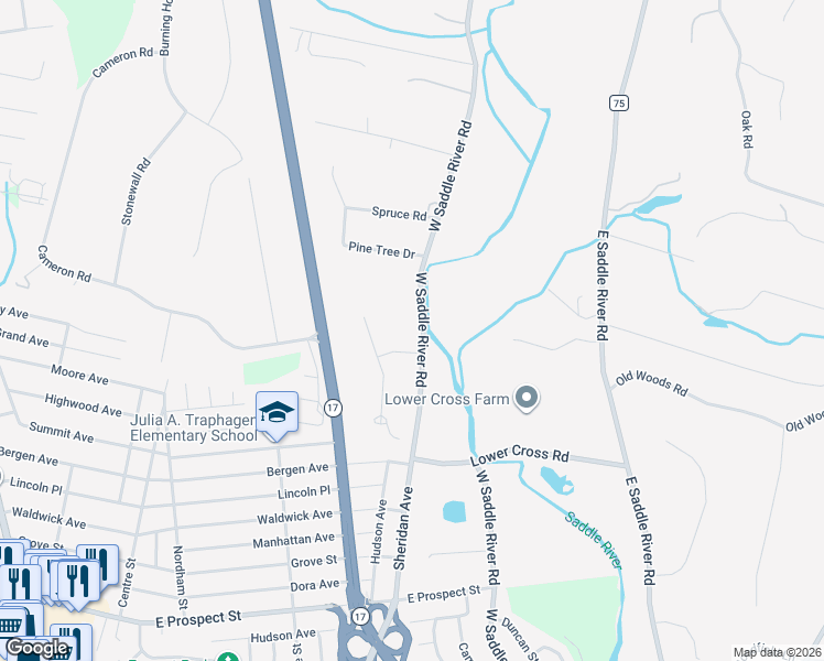 map of restaurants, bars, coffee shops, grocery stores, and more near 61 West Saddle River Road in Saddle River