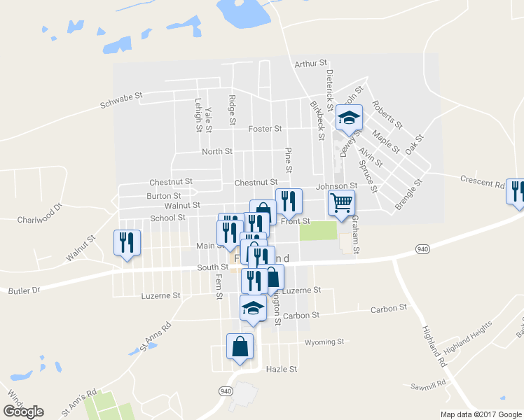 map of restaurants, bars, coffee shops, grocery stores, and more near 730 Walnut St in Freeland