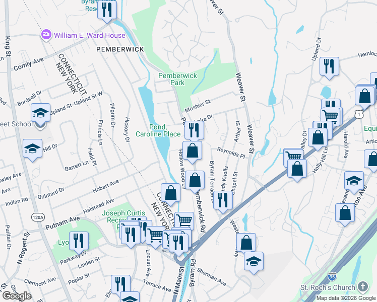 map of restaurants, bars, coffee shops, grocery stores, and more near 100 Hollow Wood Lane in Greenwich