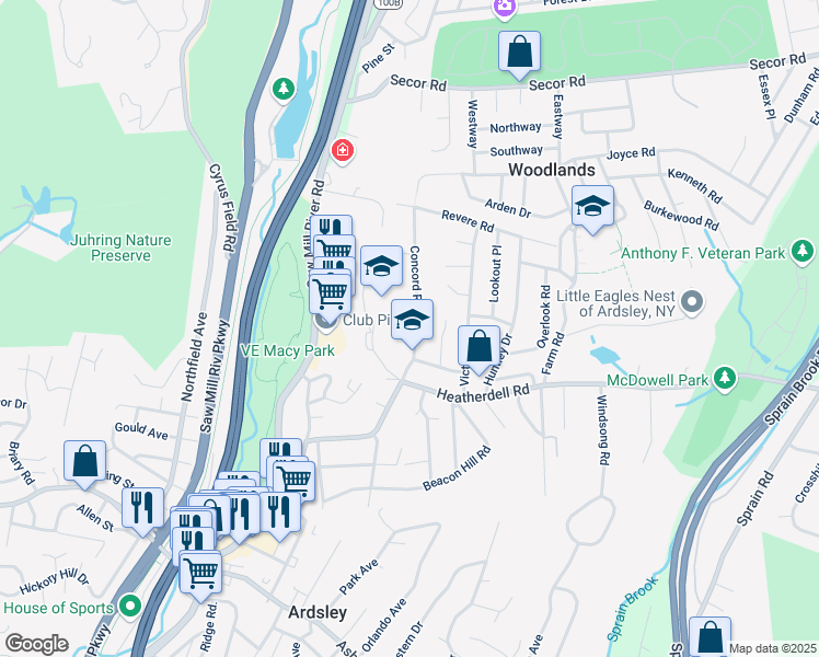 map of restaurants, bars, coffee shops, grocery stores, and more near 16 Concord Road in Ardsley