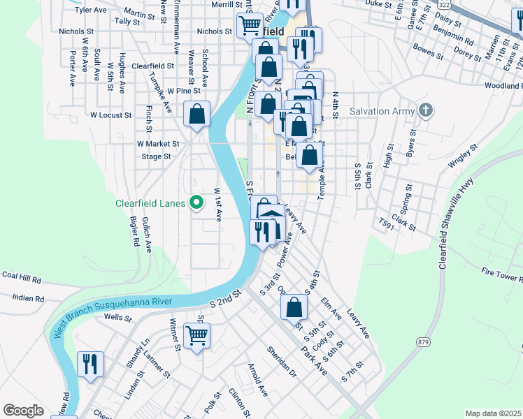 map of restaurants, bars, coffee shops, grocery stores, and more near 212 South Front Street in Clearfield