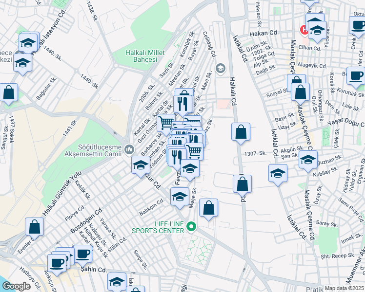 map of restaurants, bars, coffee shops, grocery stores, and more near 92 Fevzi Çakmak Caddesi in Istanbul