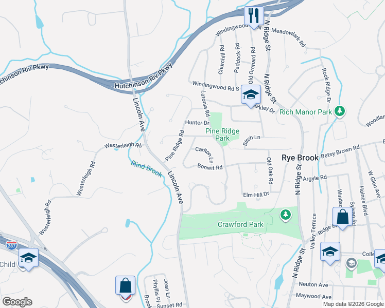 map of restaurants, bars, coffee shops, grocery stores, and more near 47 Bonwit Road in Rye Brook
