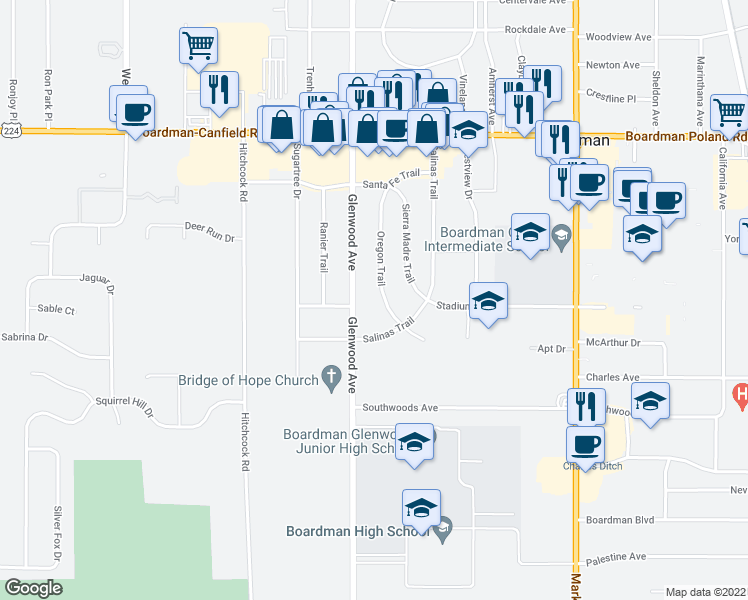map of restaurants, bars, coffee shops, grocery stores, and more near 7470 Oregon Trail in Youngstown