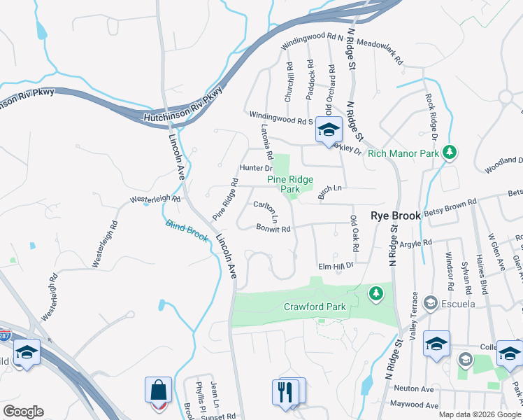 map of restaurants, bars, coffee shops, grocery stores, and more near 6 Carlton Lane in Rye Brook