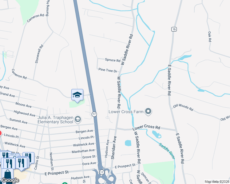map of restaurants, bars, coffee shops, grocery stores, and more near 61 West Saddle River Road in Saddle River