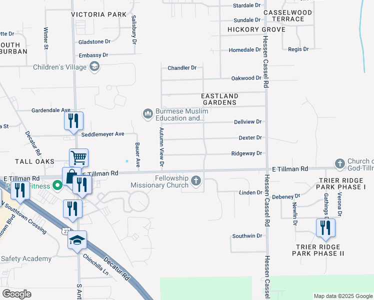 map of restaurants, bars, coffee shops, grocery stores, and more near 2707 Ridgeway Drive in Fort Wayne