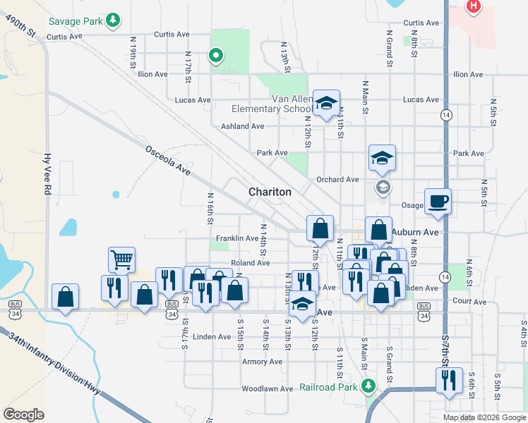 map of restaurants, bars, coffee shops, grocery stores, and more near 1414 Iowa Avenue in Chariton