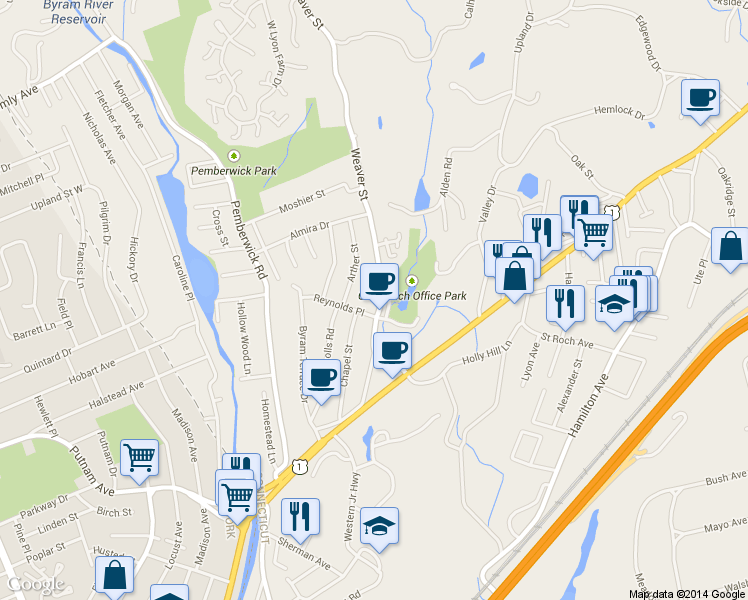 map of restaurants, bars, coffee shops, grocery stores, and more near 46 Weaver Street in Greenwich