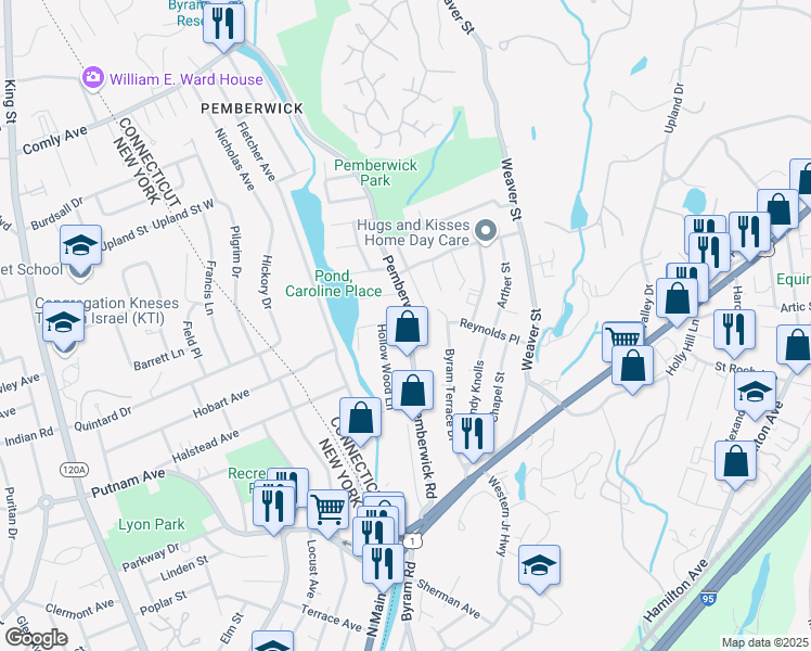 map of restaurants, bars, coffee shops, grocery stores, and more near 76 Pemberwick Road in Greenwich