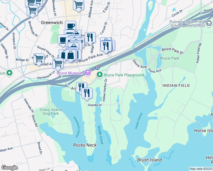 map of restaurants, bars, coffee shops, grocery stores, and more near 77 Indian Harbor Drive in Greenwich