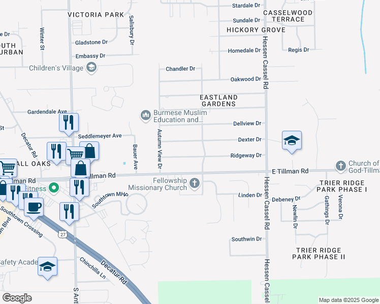 map of restaurants, bars, coffee shops, grocery stores, and more near 2707 Ridgeway Dr in Fort Wayne