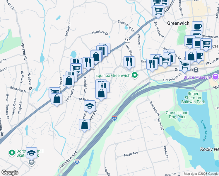 map of restaurants, bars, coffee shops, grocery stores, and more near 155 Hamilton Avenue in Greenwich