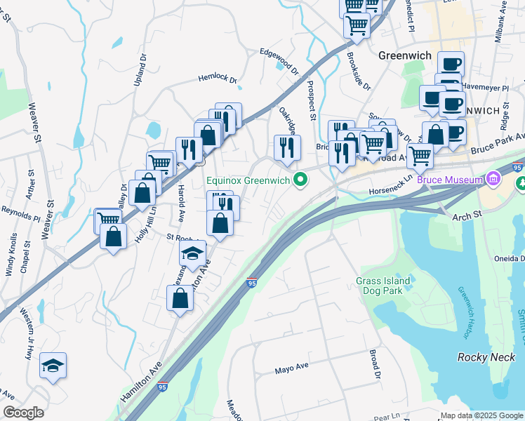 map of restaurants, bars, coffee shops, grocery stores, and more near 54a Spring Street in Greenwich