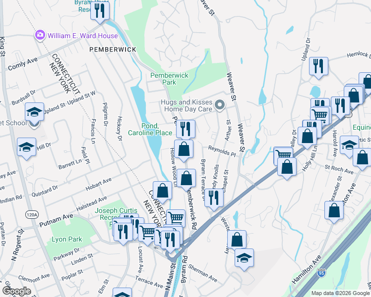 map of restaurants, bars, coffee shops, grocery stores, and more near 73 Pemberwick Road in Greenwich
