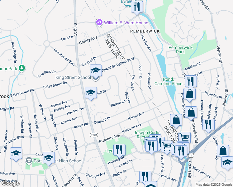 map of restaurants, bars, coffee shops, grocery stores, and more near 2 Brower Place in Port Chester
