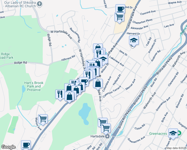 map of restaurants, bars, coffee shops, grocery stores, and more near in Hartsdale
