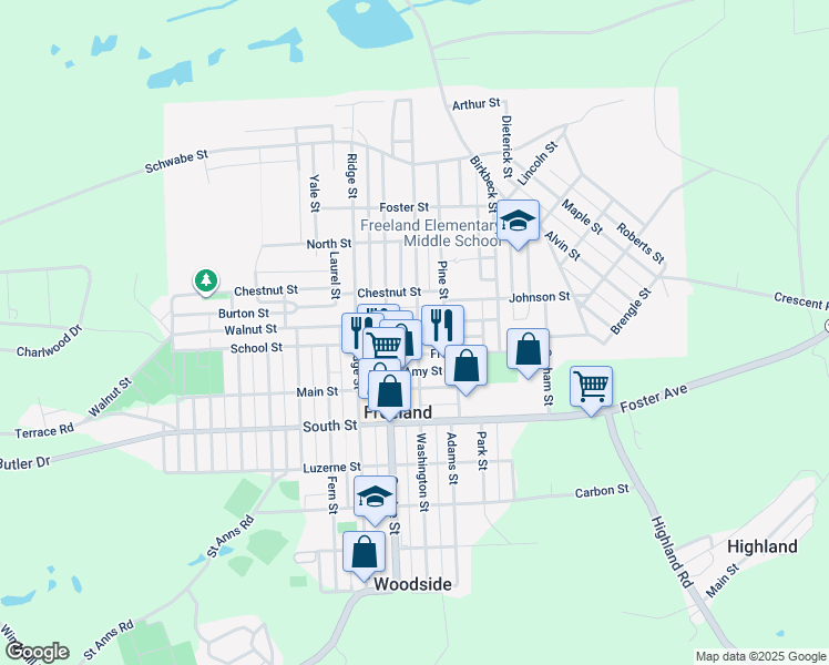 map of restaurants, bars, coffee shops, grocery stores, and more near 730 Walnut Street in Freeland