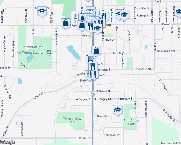 map of restaurants, bars, coffee shops, grocery stores, and more near 332 Main Street in Wadsworth