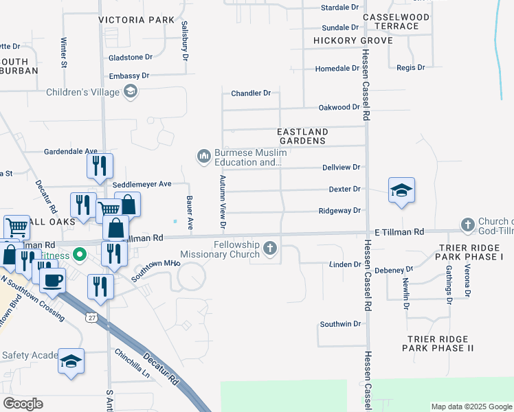 map of restaurants, bars, coffee shops, grocery stores, and more near 2707 Ridgeway Drive in Fort Wayne