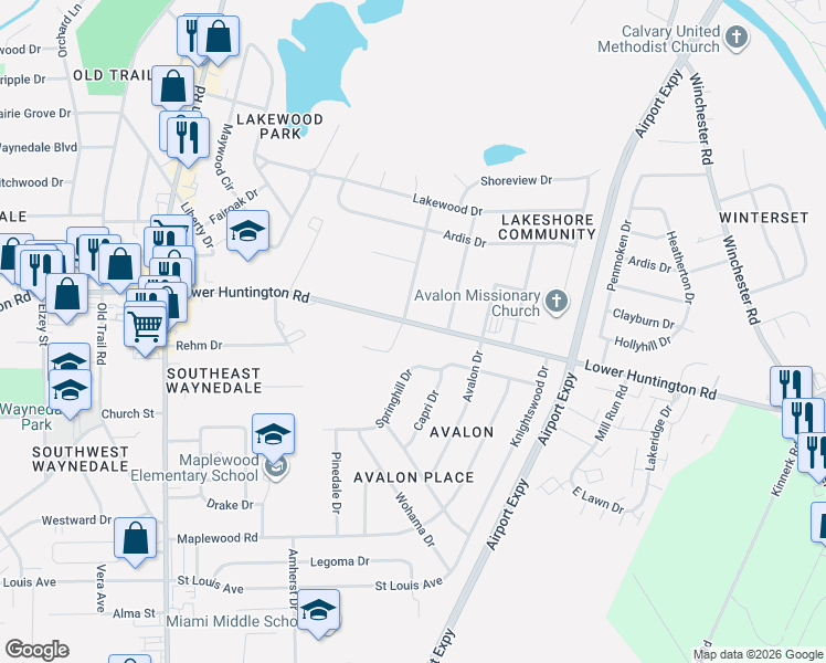 map of restaurants, bars, coffee shops, grocery stores, and more near 1735 Lower Huntington Road in Fort Wayne