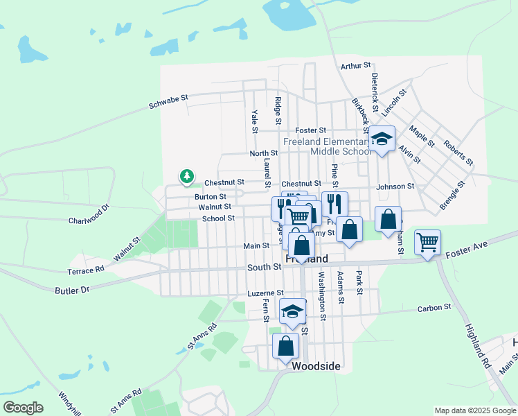 map of restaurants, bars, coffee shops, grocery stores, and more near 938 Walnut Street in Freeland