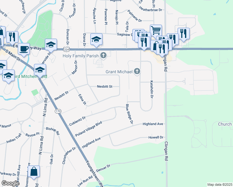 map of restaurants, bars, coffee shops, grocery stores, and more near 239 Edna Street in Poland