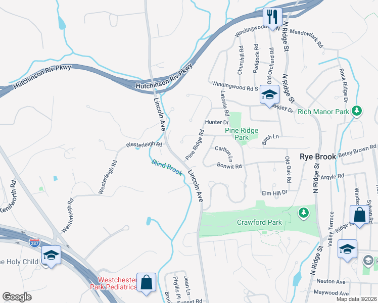 map of restaurants, bars, coffee shops, grocery stores, and more near 5 Pine Ridge Road in Rye Brook