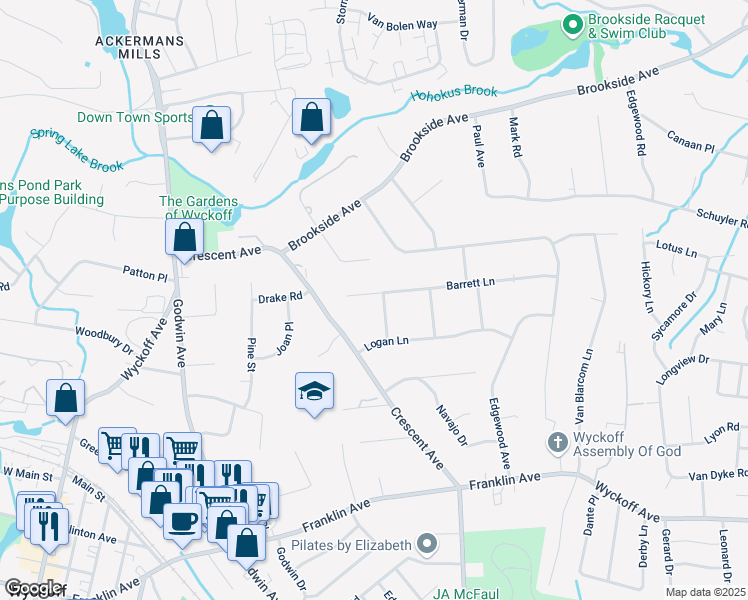map of restaurants, bars, coffee shops, grocery stores, and more near 108 Barrett Lane in Wyckoff