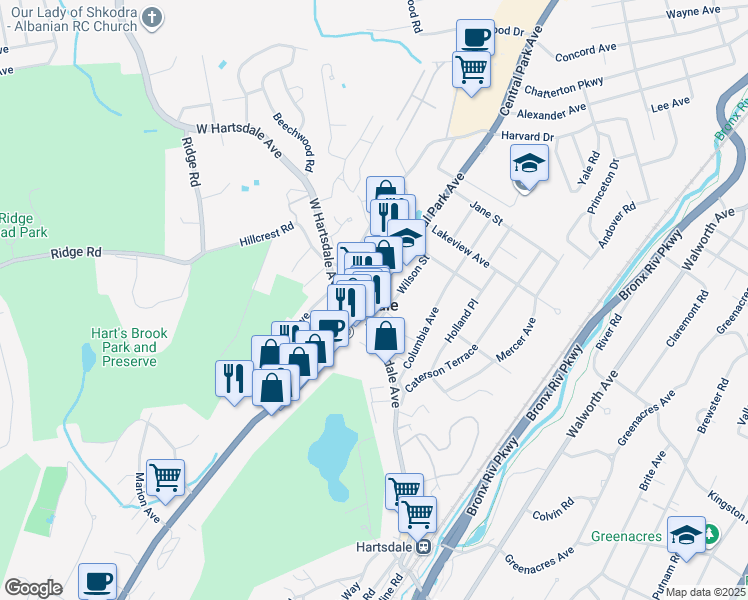 map of restaurants, bars, coffee shops, grocery stores, and more near in Hartsdale