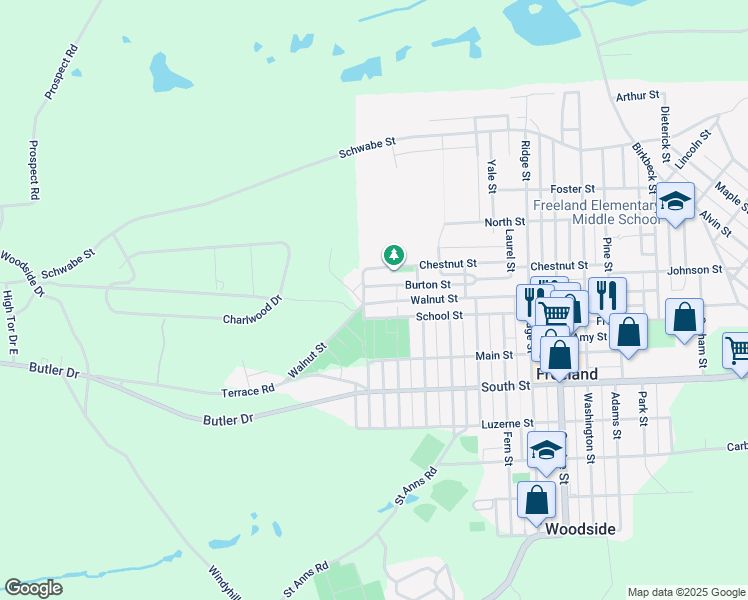 map of restaurants, bars, coffee shops, grocery stores, and more near 1229 Walnut Street in Freeland